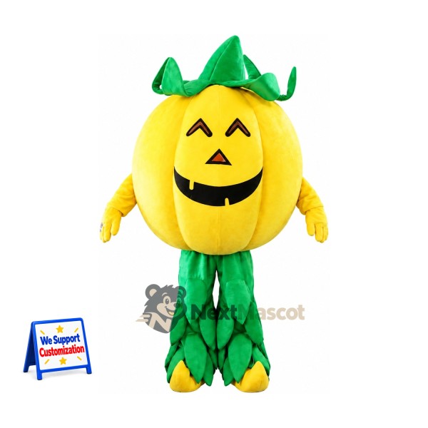 Jack O Lantern Mascot Costume - Yellow Face and Green Leaf Pants