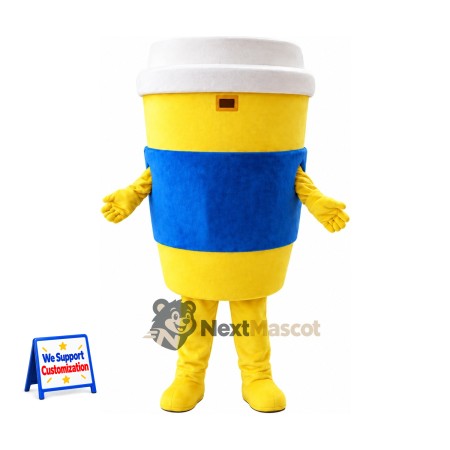 Coffee Cup Mascot Costume - Yellow, Blue Sleeve Coffee Cup Mascot Costume - Yellow, Blue Sleeve