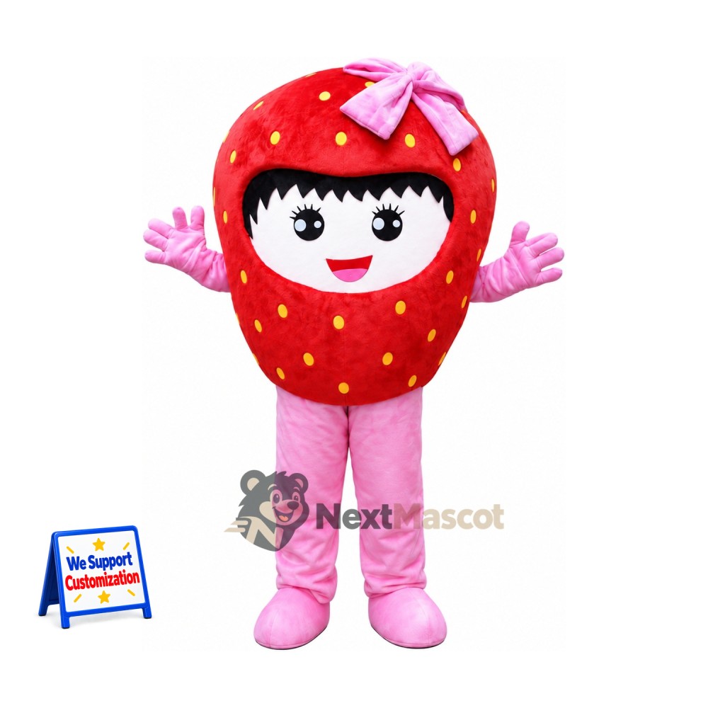 Strawberry Mascot Costume - Pink Bow and Pants Strawberry Mascot Costume - Pink Bow and Pants