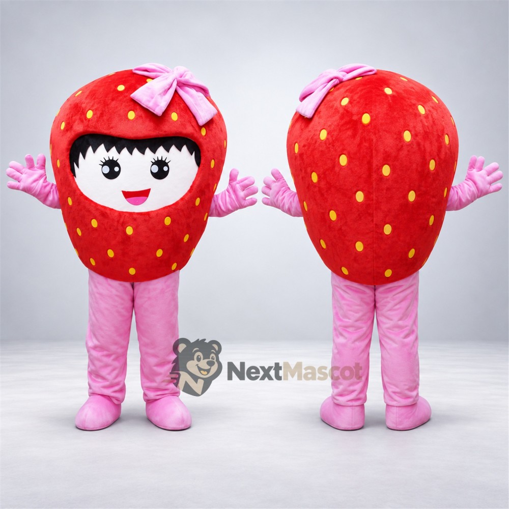 Strawberry Mascot Costume - Pink Bow and Pants Strawberry Mascot Costume - Pink Bow and Pants