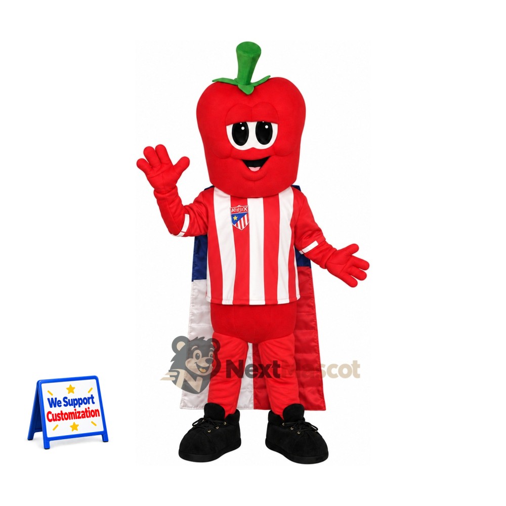 Bell Pepper Mascot Costume - Red, Striped Shirt for Food Festivals Bell Pepper Mascot Costume - Red, Striped Shirt for Food Festivals
