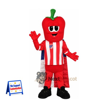 Bell Pepper Mascot Costume - Red, Striped Shirt for Food Festivals Bell Pepper Mascot Costume - Red, Striped Shirt for Food Festivals