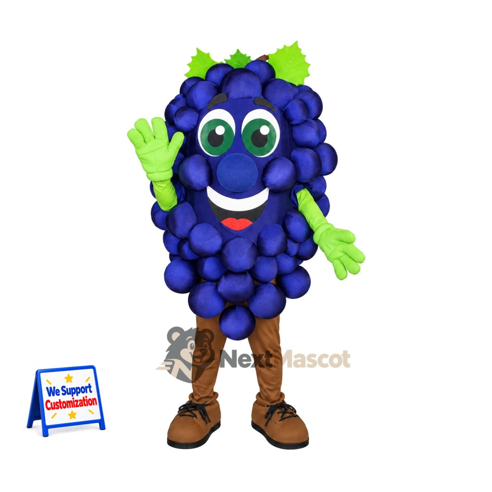 Grapes Mascot Costume - Purple, Green Gloves and Brown Legs Grapes Mascot Costume - Purple, Green Gloves and Brown Legs