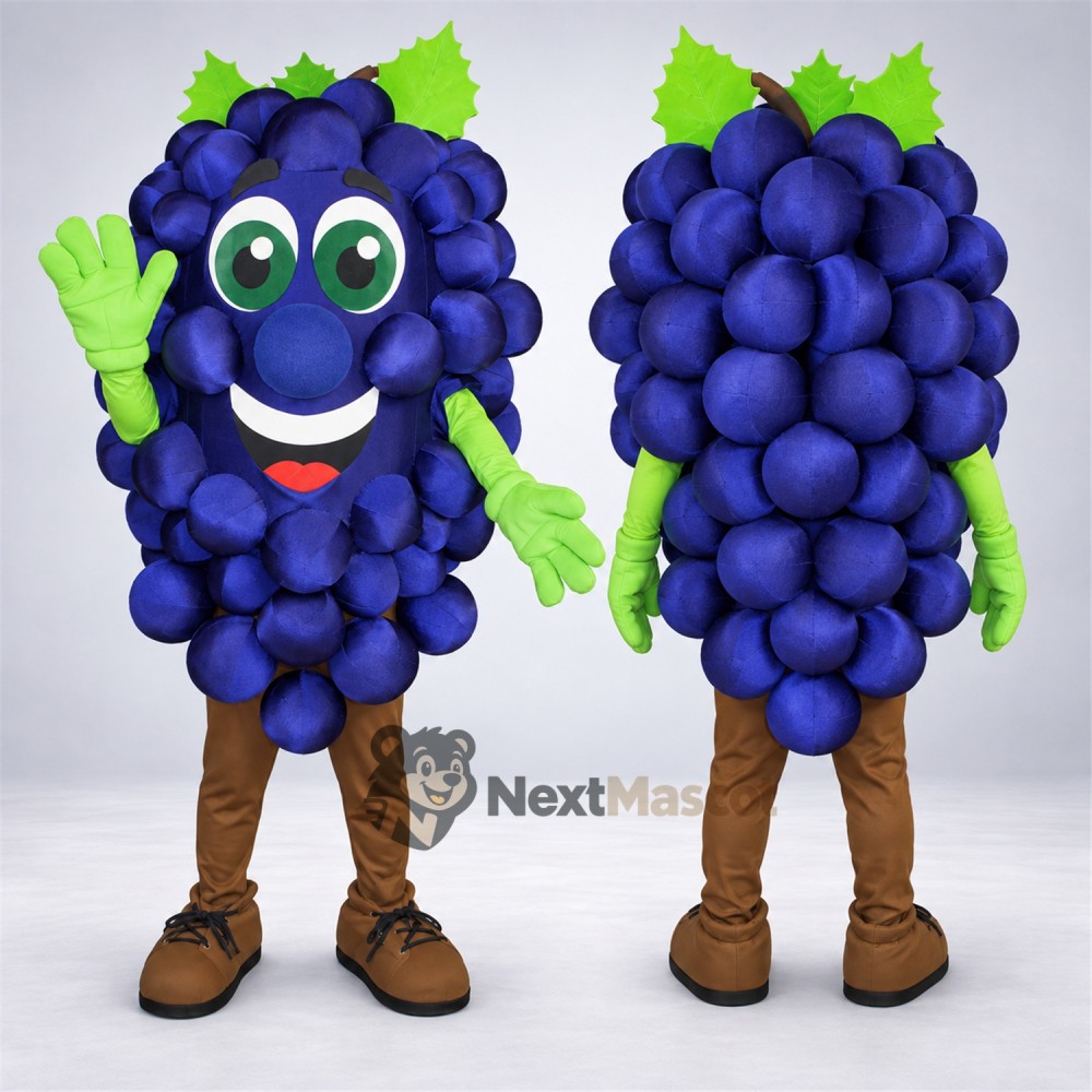Grapes Mascot Costume - Purple, Green Gloves and Brown Legs Grapes Mascot Costume - Purple, Green Gloves and Brown Legs
