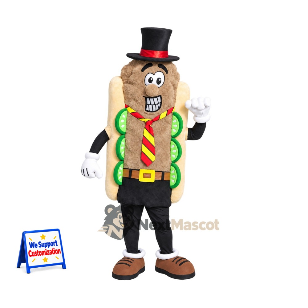 Hot Dog Mascot Costume - Black Top Hat and Striped Tie Hot Dog Mascot Costume - Black Top Hat and Striped Tie