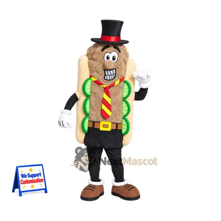 Hot Dog Mascot Costume - Black Top Hat and Striped Tie Hot Dog Mascot Costume - Black Top Hat and Striped Tie