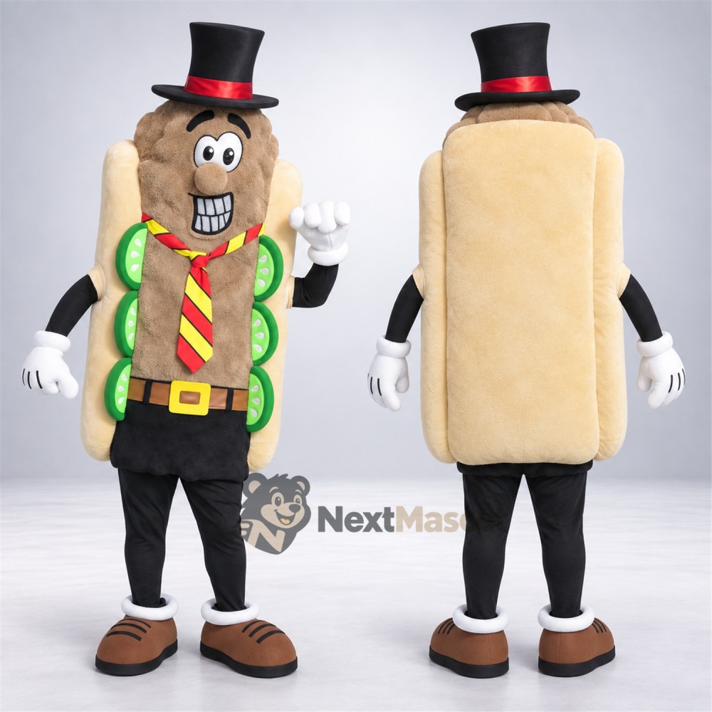 Hot Dog Mascot Costume - Black Top Hat and Striped Tie Hot Dog Mascot Costume - Black Top Hat and Striped Tie