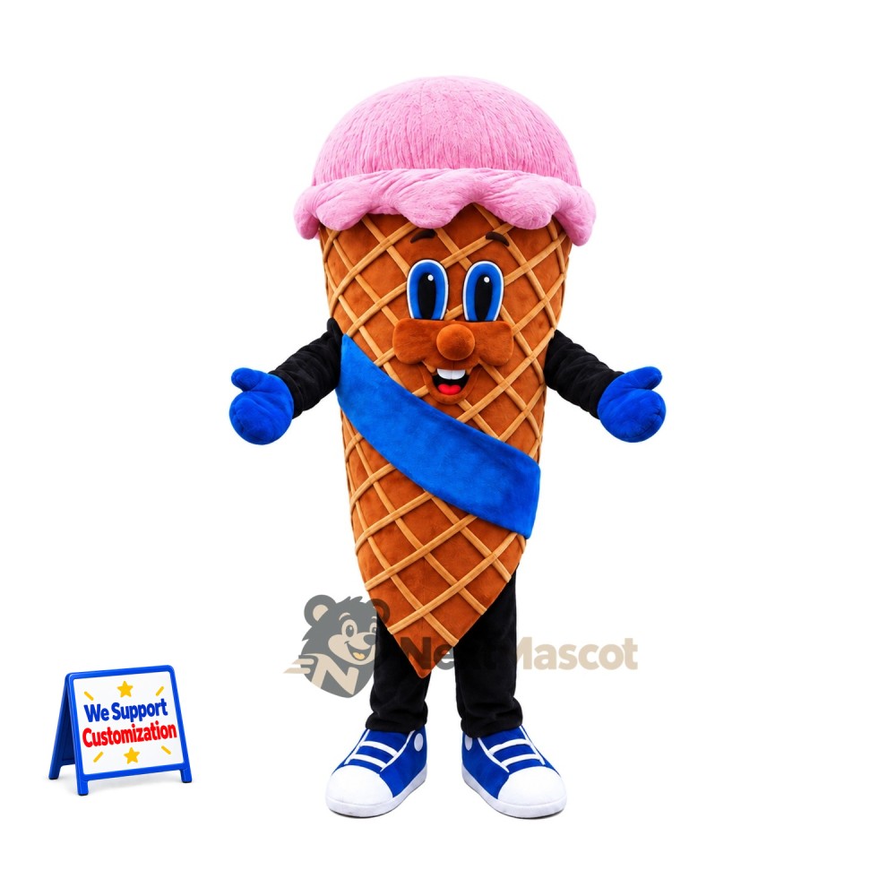 Ice Cream Cone Mascot Costume - Pink, Blue Sash Ice Cream Cone Mascot Costume - Pink, Blue Sash