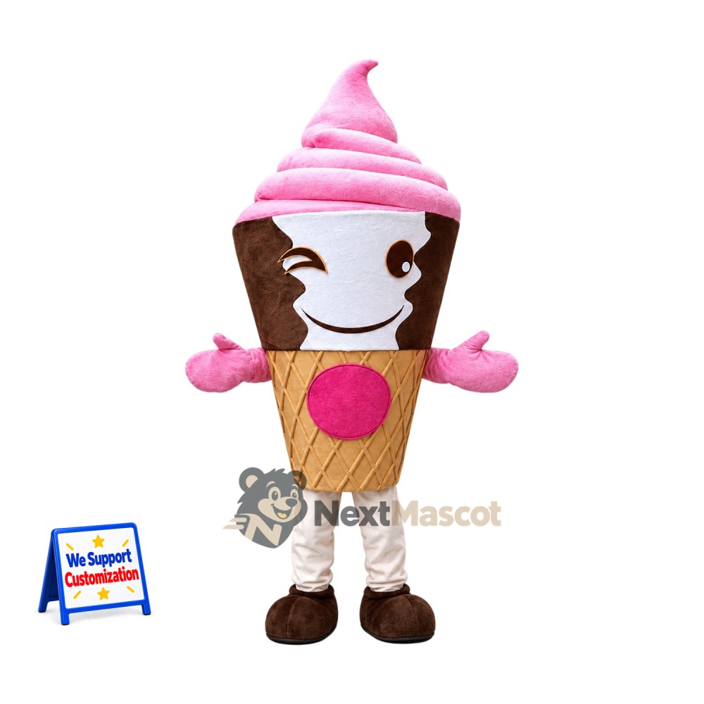 Ice Cream Cone Mascot Costume - Pink, Brown Shoes Ice Cream Cone Mascot Costume - Pink, Brown Shoes