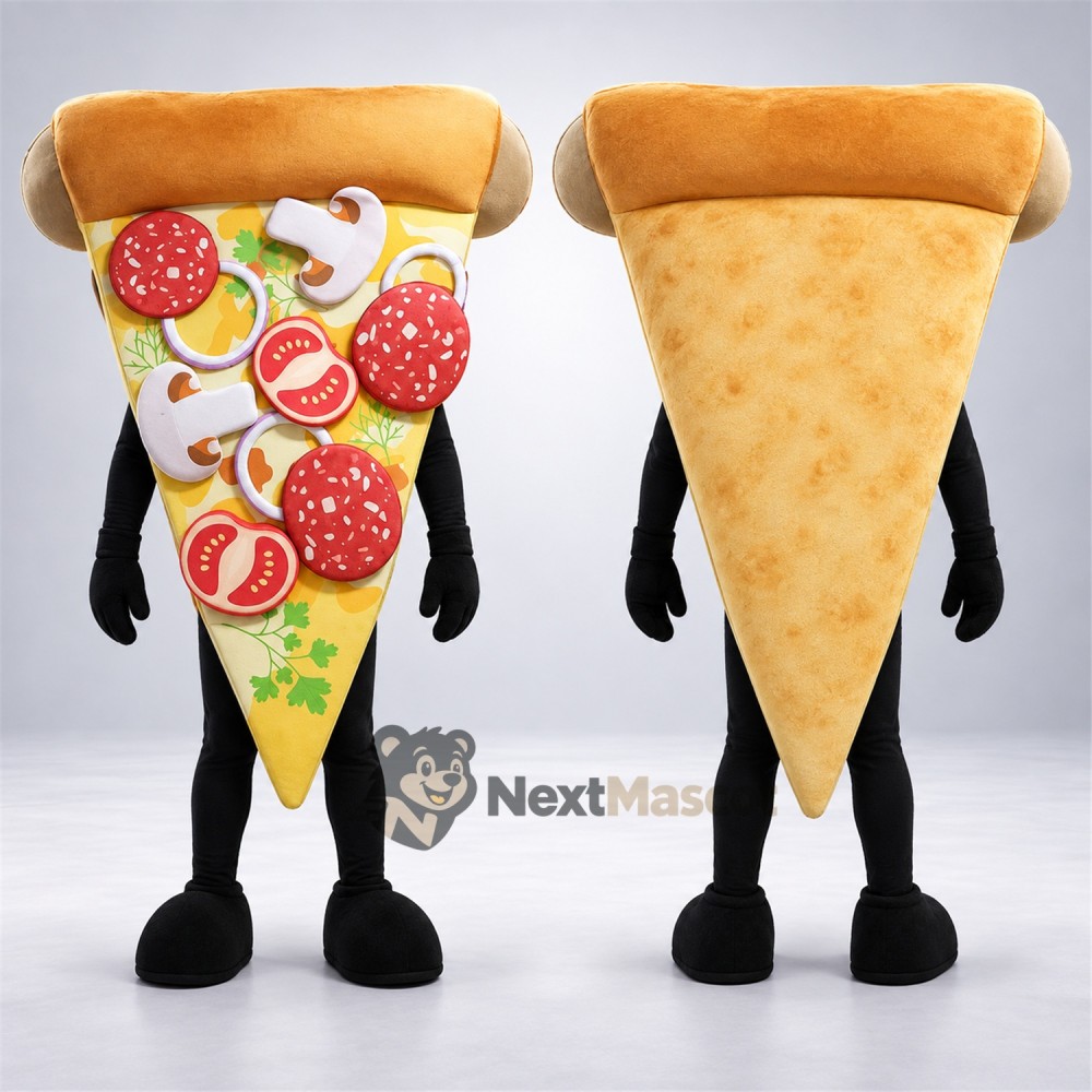 Pizza Slice Mascot Costume - Realistic Toppings and Black Legs Pizza Slice Mascot Costume - Realistic Toppings and Black Legs