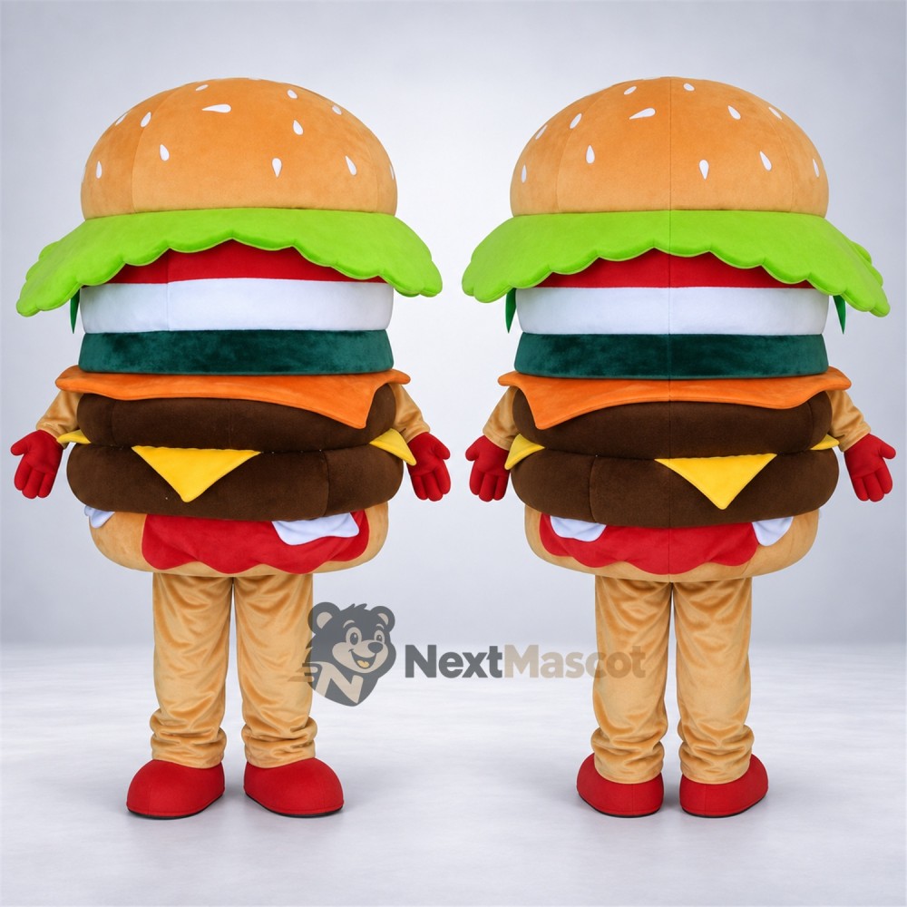 Double Burger Mascot Costume - Red Gloves and Shoes for Food Festivals Double Burger Mascot Costume - Red Gloves and Shoes for Food Festivals