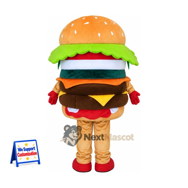 Double Burger Mascot Costume - Red Gloves and Shoes for Food Festivals Double Burger Mascot Costume - Red Gloves and Shoes for Food Festivals