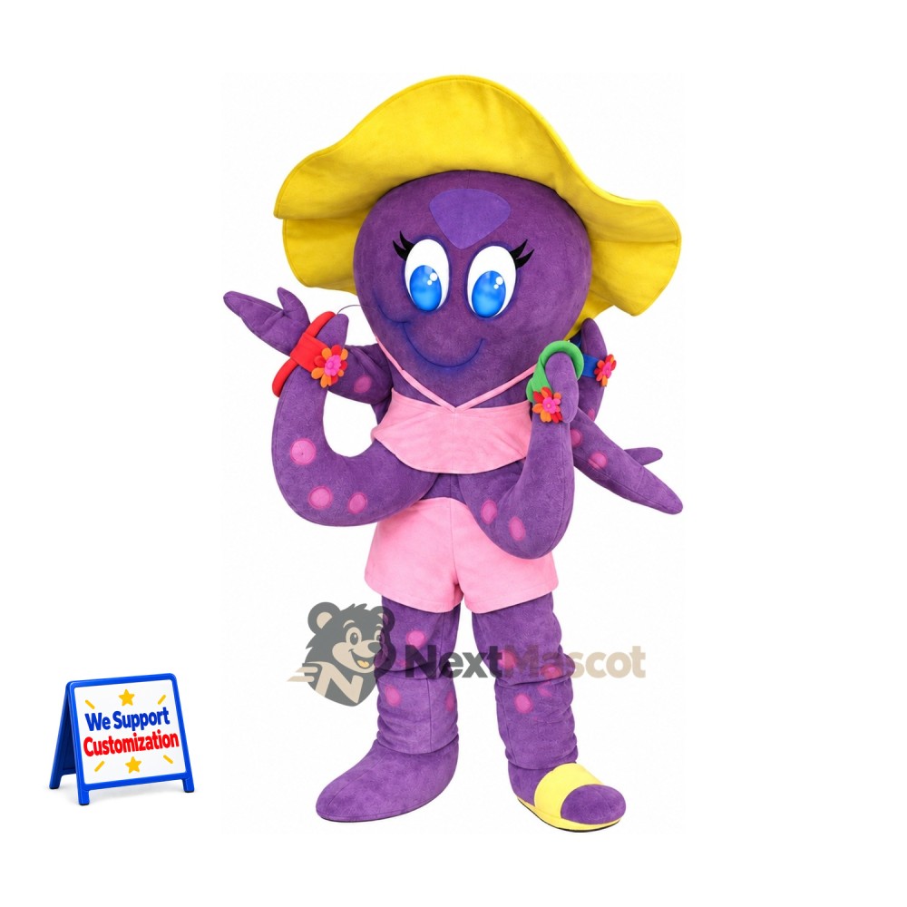 Octopus Mascot Costume - Purple, Yellow Hat for Ocean Events Octopus Mascot Costume - Purple, Yellow Hat for Ocean Events