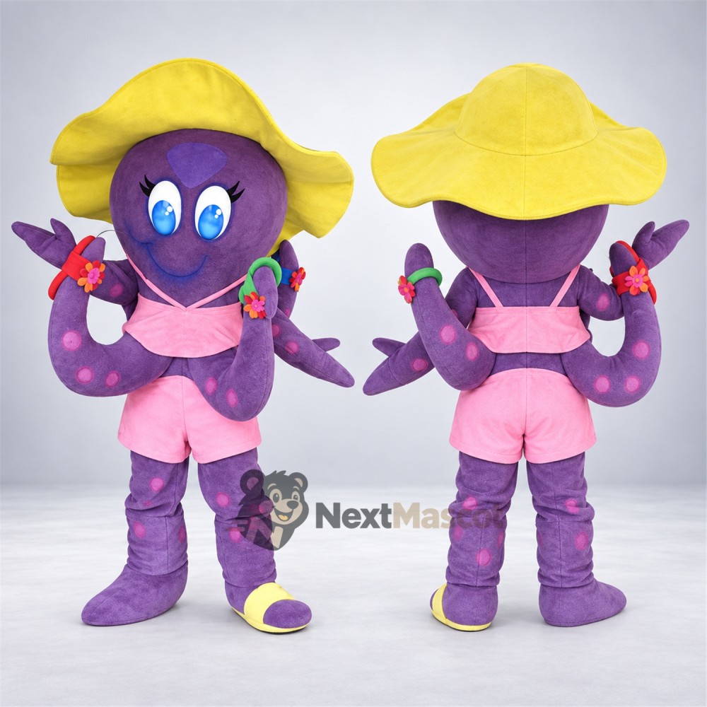 Octopus Mascot Costume - Purple, Yellow Hat for Ocean Events Octopus Mascot Costume - Purple, Yellow Hat for Ocean Events