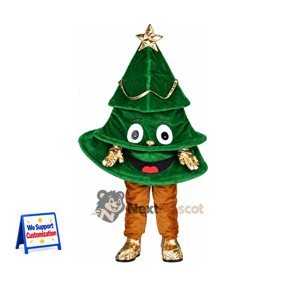 Christmas Tree Mascot Costume - Gold Star for Christmas Events Christmas Tree Mascot Costume - Gold Star for Christmas Events