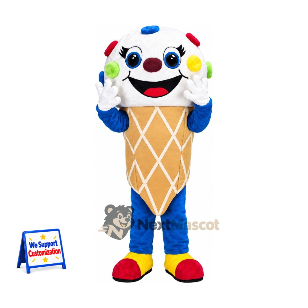 Ice Cream Cone Mascot Costume - Colorful Spots and Red Shoes for Food Festivals Ice Cream Cone Mascot Costume - Colorful Spots and Red Shoes for Food Festivals