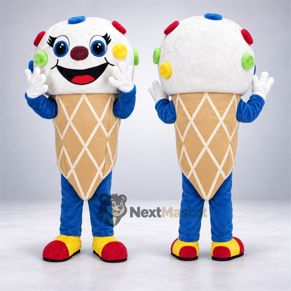Ice Cream Cone Mascot Costume - Colorful Spots and Red Shoes for Food Festivals Ice Cream Cone Mascot Costume - Colorful Spots and Red Shoes for Food Festivals