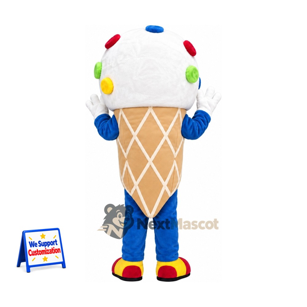 Ice Cream Cone Mascot Costume - Colorful Spots and Red Shoes for Food Festivals Ice Cream Cone Mascot Costume - Colorful Spots and Red Shoes for Food Festivals