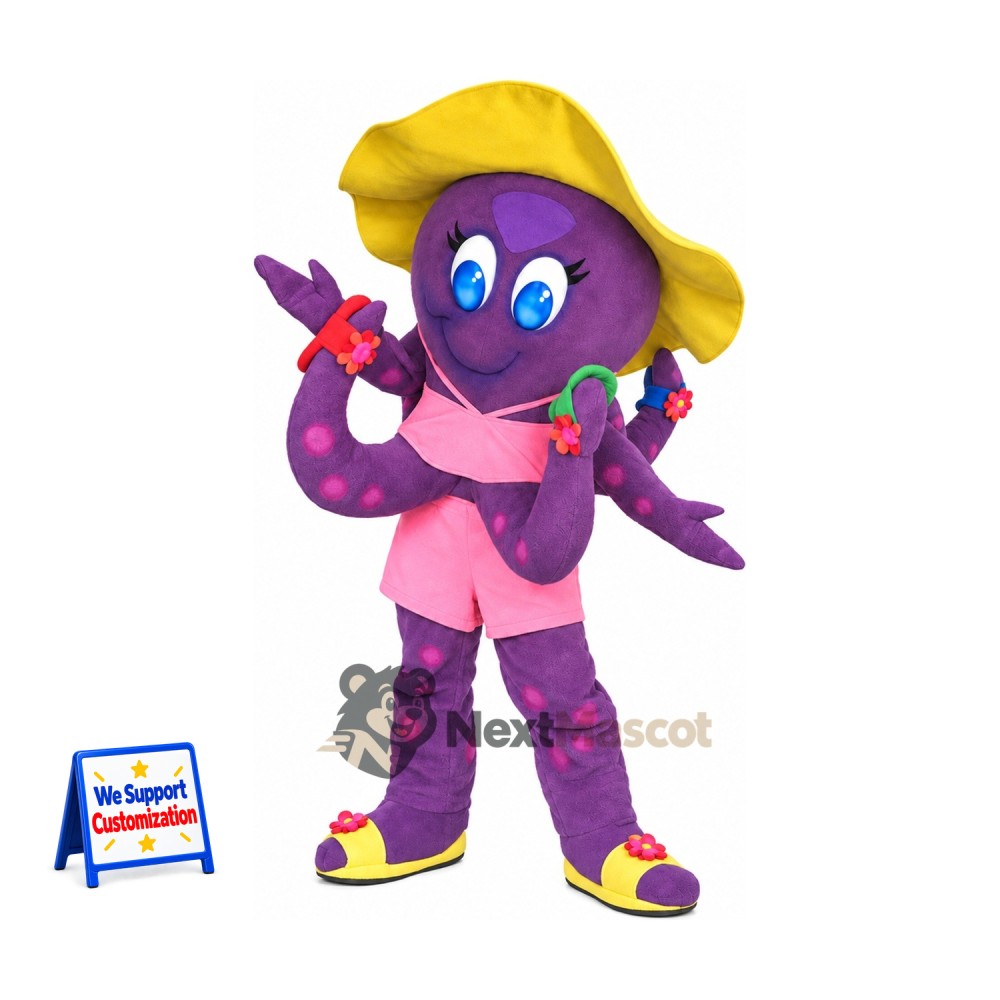 Octopus Mascot Costume - Purple, Yellow Hat Octopus Mascot Costume - Purple, Yellow Hat