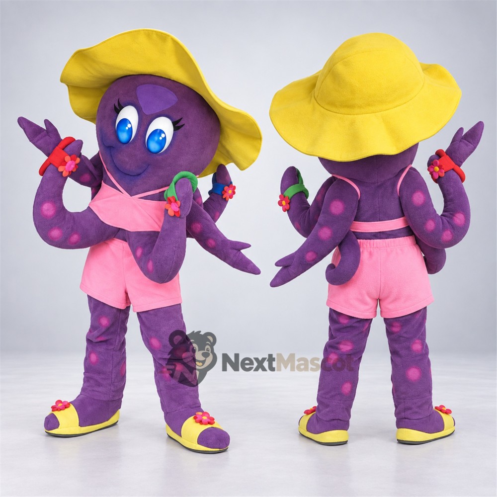 Octopus Mascot Costume - Purple, Yellow Hat Octopus Mascot Costume - Purple, Yellow Hat