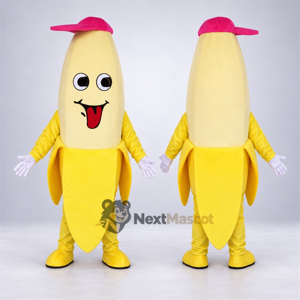 Peeled Banana Mascot Costume - Pink Cap Peeled Banana Mascot Costume - Pink Cap