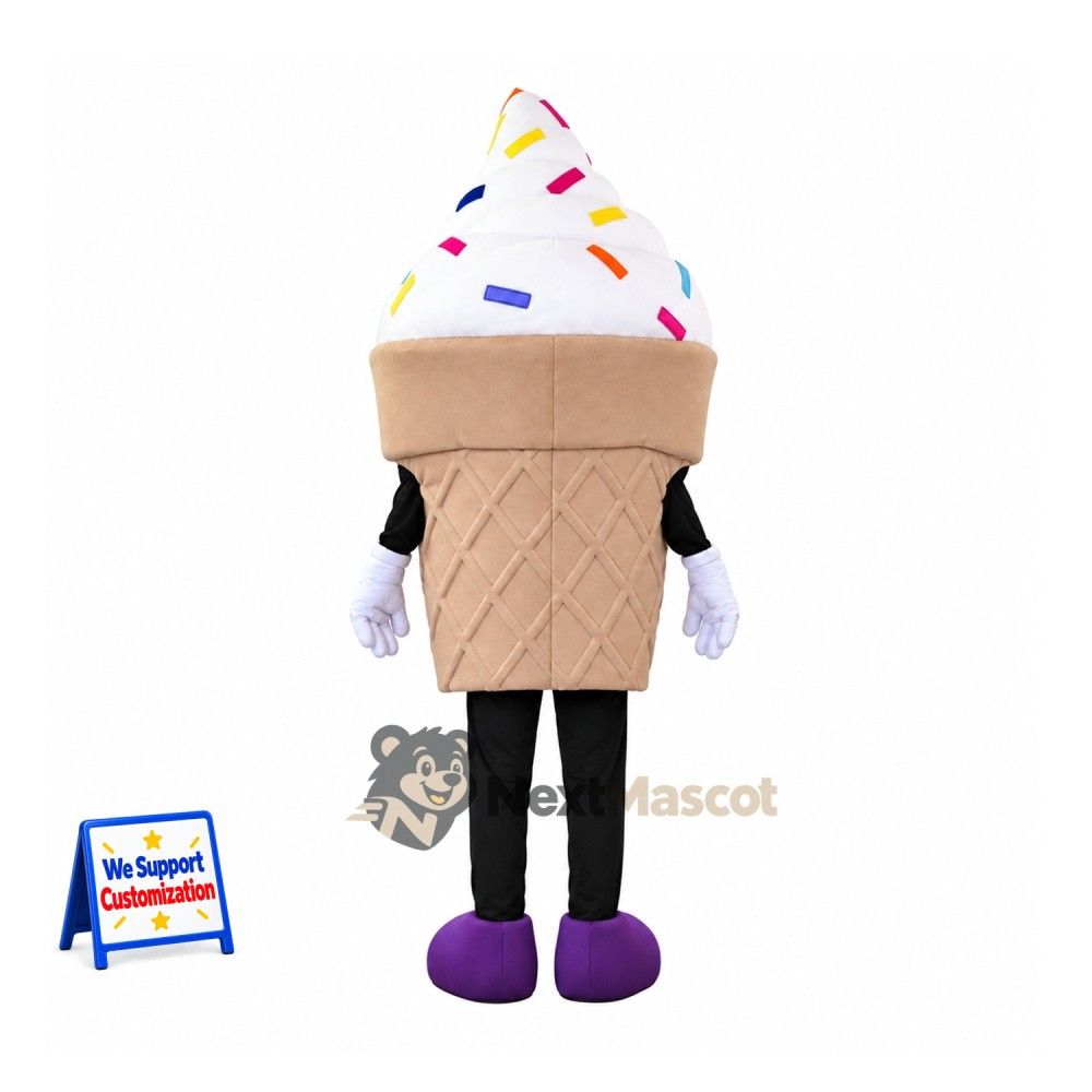 Vanilla Ice Cream Cone Mascot Costume - Sprinkles and Purple Shoes Vanilla Ice Cream Cone Mascot Costume - Sprinkles and Purple Shoes