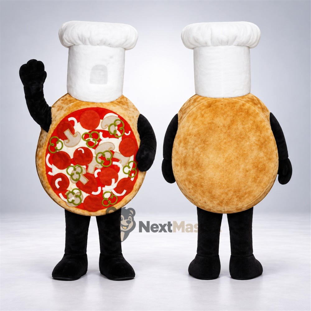 Pizza Mascot Costume - Round, Chef Hat Pizza Mascot Costume - Round, Chef Hat