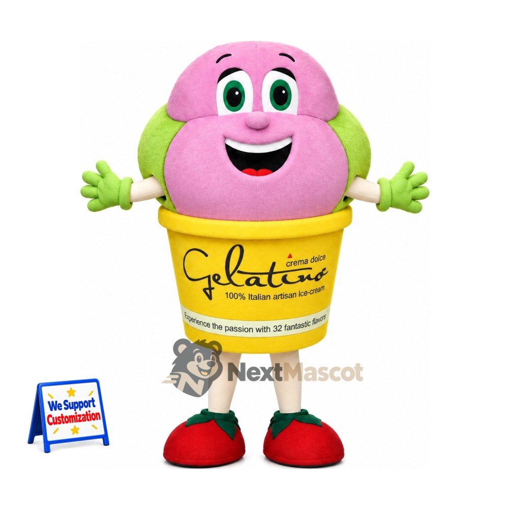 Ice Cream Cup Mascot Costume - Pink, Green Hands and Red Shoes Ice Cream Cup Mascot Costume - Pink, Green Hands and Red Shoes