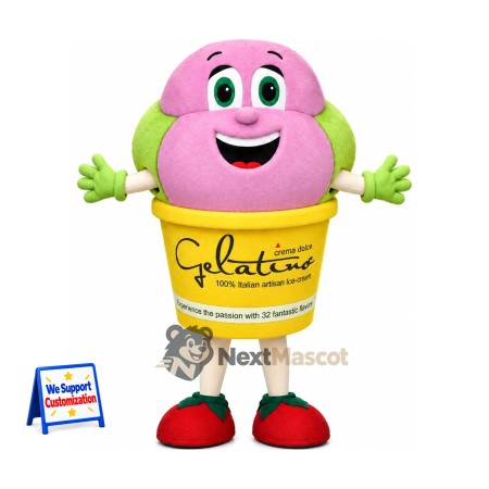 Ice Cream Cup Mascot Costume - Pink, Green Hands and Red Shoes Ice Cream Cup Mascot Costume - Pink, Green Hands and Red Shoes