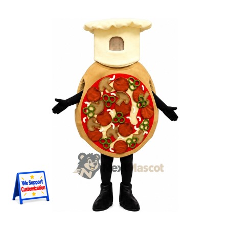 Pizza Mascot Costume - Round, Chef Hat and Tan Crust Pizza Mascot Costume - Round, Chef Hat and Tan Crust