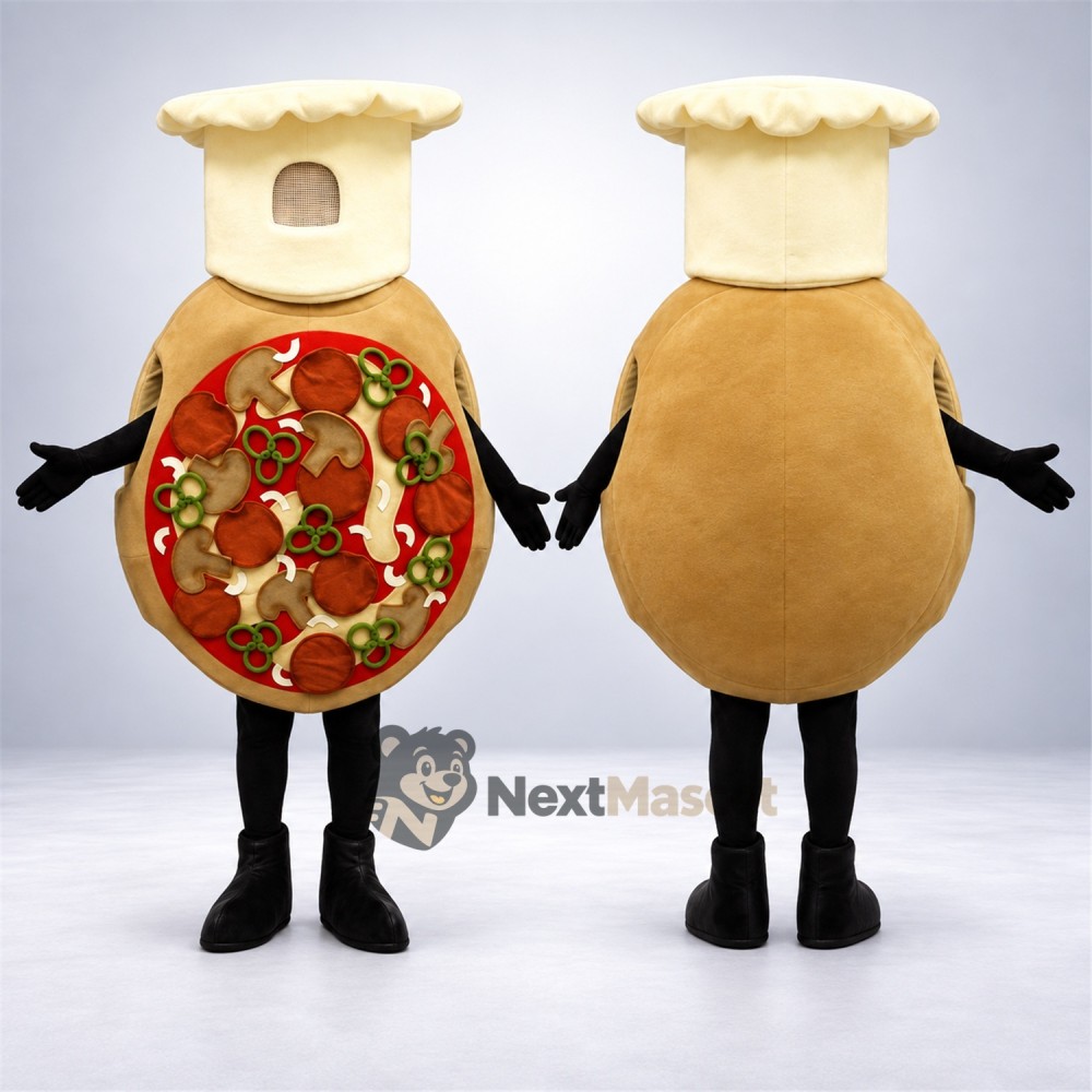 Pizza Mascot Costume - Round, Chef Hat and Tan Crust Pizza Mascot Costume - Round, Chef Hat and Tan Crust