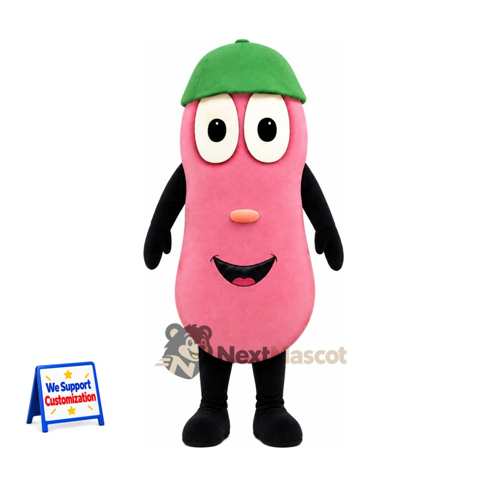 Sausage Mascot Costume - Pink, Green Cap for Food Festivals Sausage Mascot Costume - Pink, Green Cap for Food Festivals