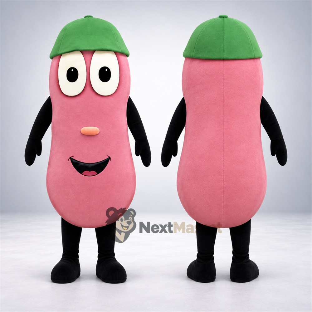 Sausage Mascot Costume - Pink, Green Cap for Food Festivals Sausage Mascot Costume - Pink, Green Cap for Food Festivals