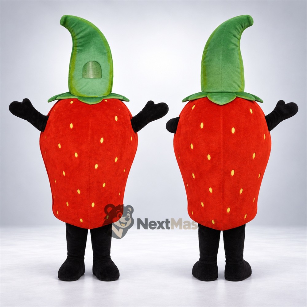 Strawberry Mascot Costume - Tall Green Leaf and Black Legs Strawberry Mascot Costume - Tall Green Leaf and Black Legs