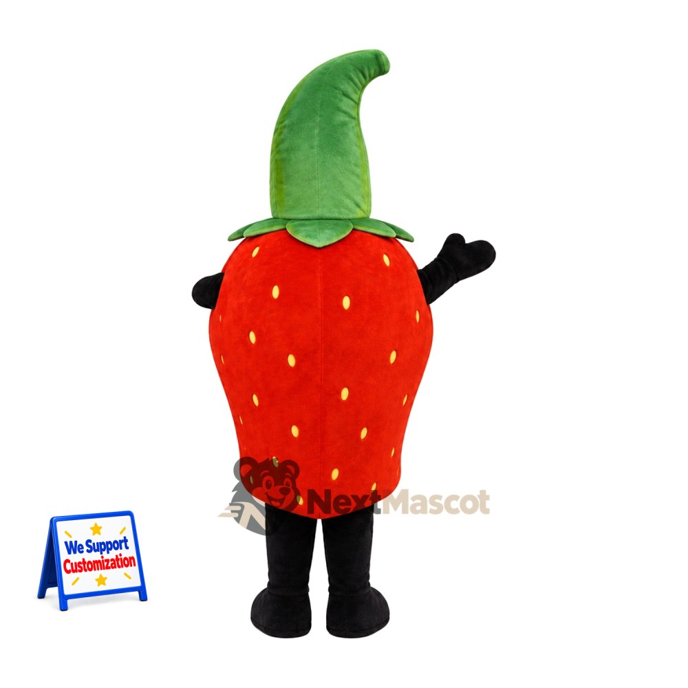Strawberry Mascot Costume - Tall Green Leaf and Black Legs Strawberry Mascot Costume - Tall Green Leaf and Black Legs