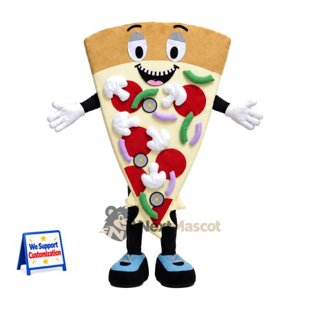 Pizza Slice Mascot Costume - Black Shoes and Colorful Toppings Pizza Slice Mascot Costume - Black Shoes and Colorful Toppings