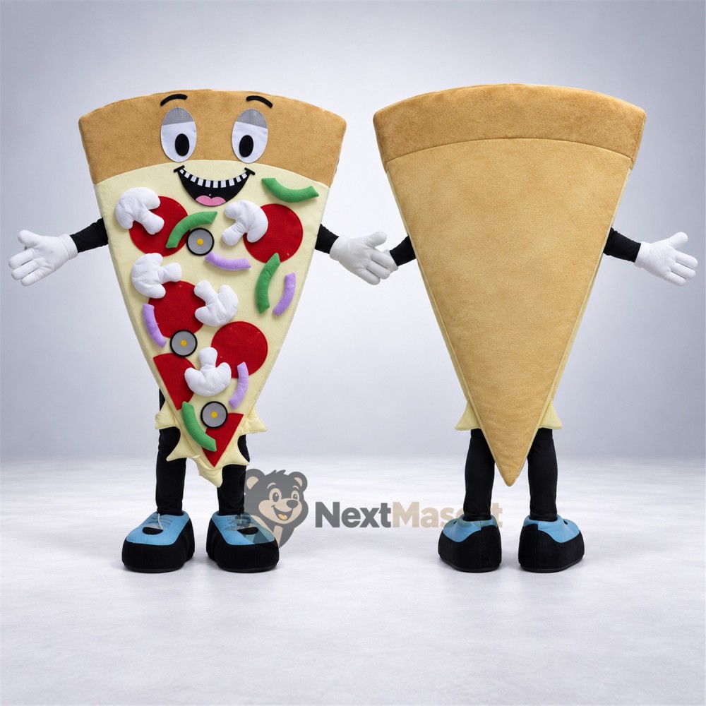 Pizza Slice Mascot Costume - Black Shoes and Colorful Toppings Pizza Slice Mascot Costume - Black Shoes and Colorful Toppings