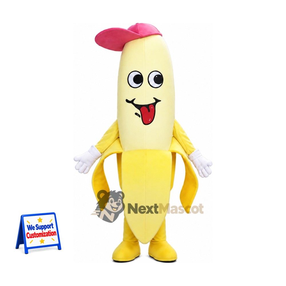 Peeled Banana Mascot Costume - Pink Cap for Food Festivals Peeled Banana Mascot Costume - Pink Cap for Food Festivals