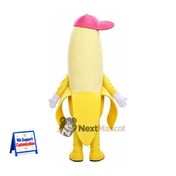 Peeled Banana Mascot Costume - Pink Cap for Food Festivals Peeled Banana Mascot Costume - Pink Cap for Food Festivals