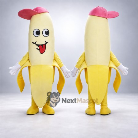 Peeled Banana Mascot Costume - Pink Cap for Food Festivals Peeled Banana Mascot Costume - Pink Cap for Food Festivals
