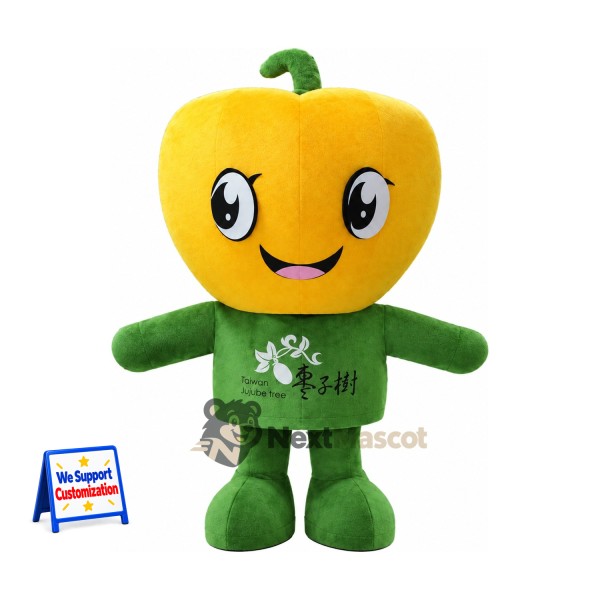 Bell Pepper Head Character Mascot Costume - Yellow, Green Shirt
