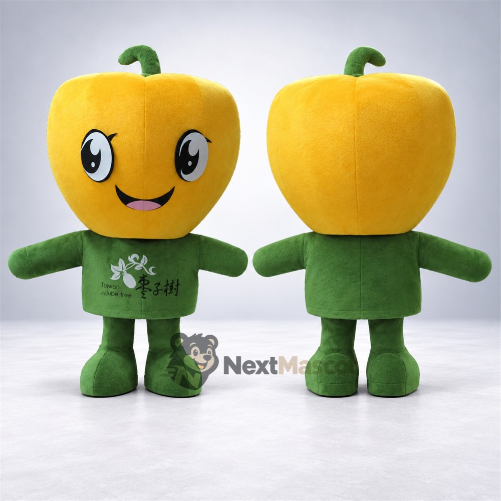 Bell Pepper Head Character Mascot Costume - Yellow, Green Shirt