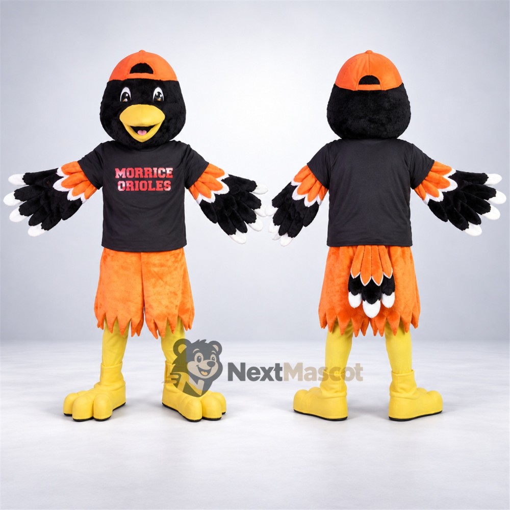 Oriole Mascot Costume - Black and Orange, Orange Cap Oriole Mascot Costume - Black and Orange, Orange Cap