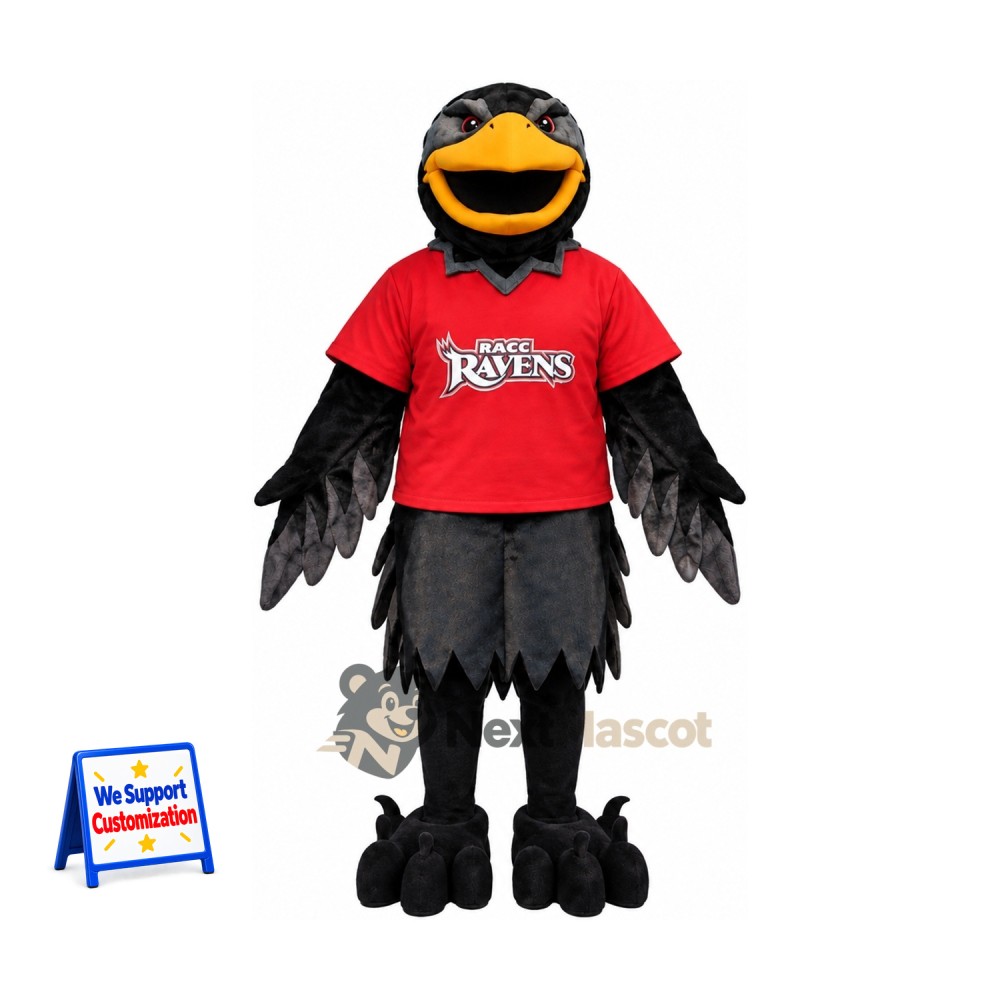 Raven Mascot Costume - Black, Red Shirt for School Events Raven Mascot Costume - Black, Red Shirt for School Events