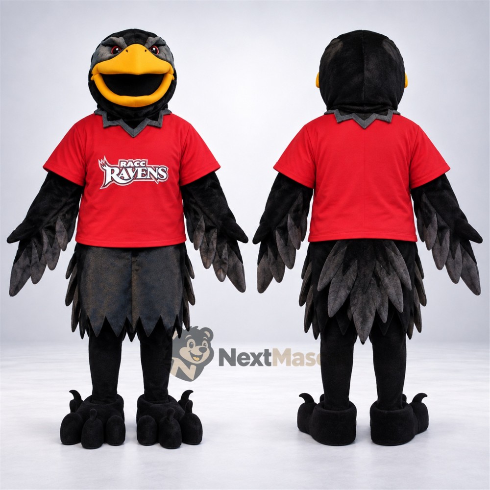 Raven Mascot Costume - Black, Red Shirt for School Events Raven Mascot Costume - Black, Red Shirt for School Events