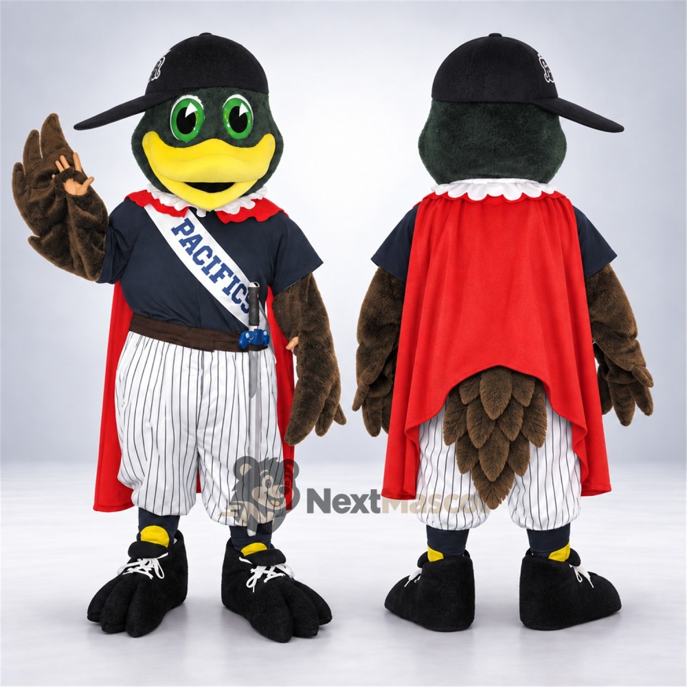 Bird Mascot Costume - Brown, Baseball Outfit and Red Cape Bird Mascot Costume - Brown, Baseball Outfit and Red Cape