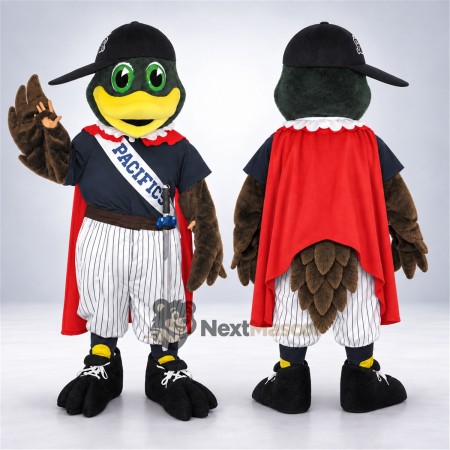 Bird Mascot Costume - Brown, Baseball Outfit and Red Cape Bird Mascot Costume - Brown, Baseball Outfit and Red Cape