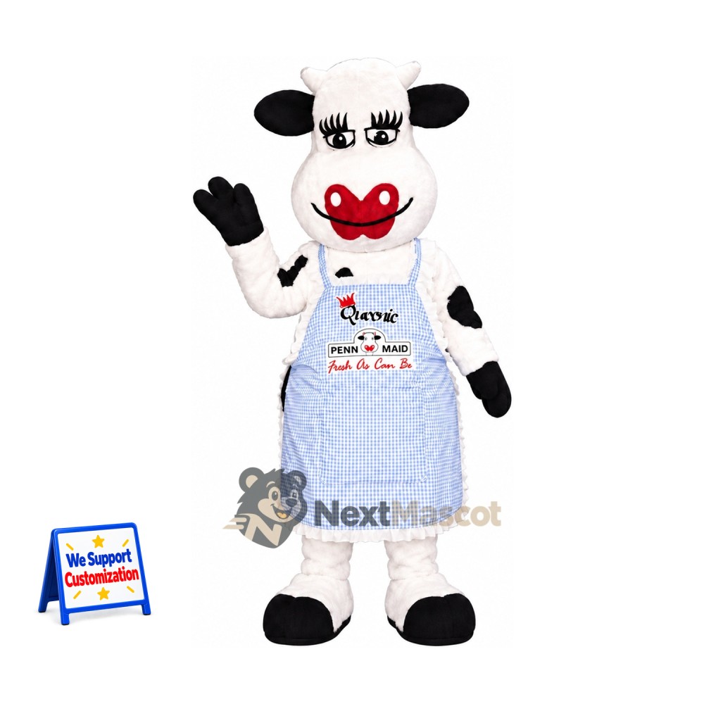 Cow Mascot Costume - Blue Apron, Pink Bow Cow Mascot Costume - Blue Apron, Pink Bow