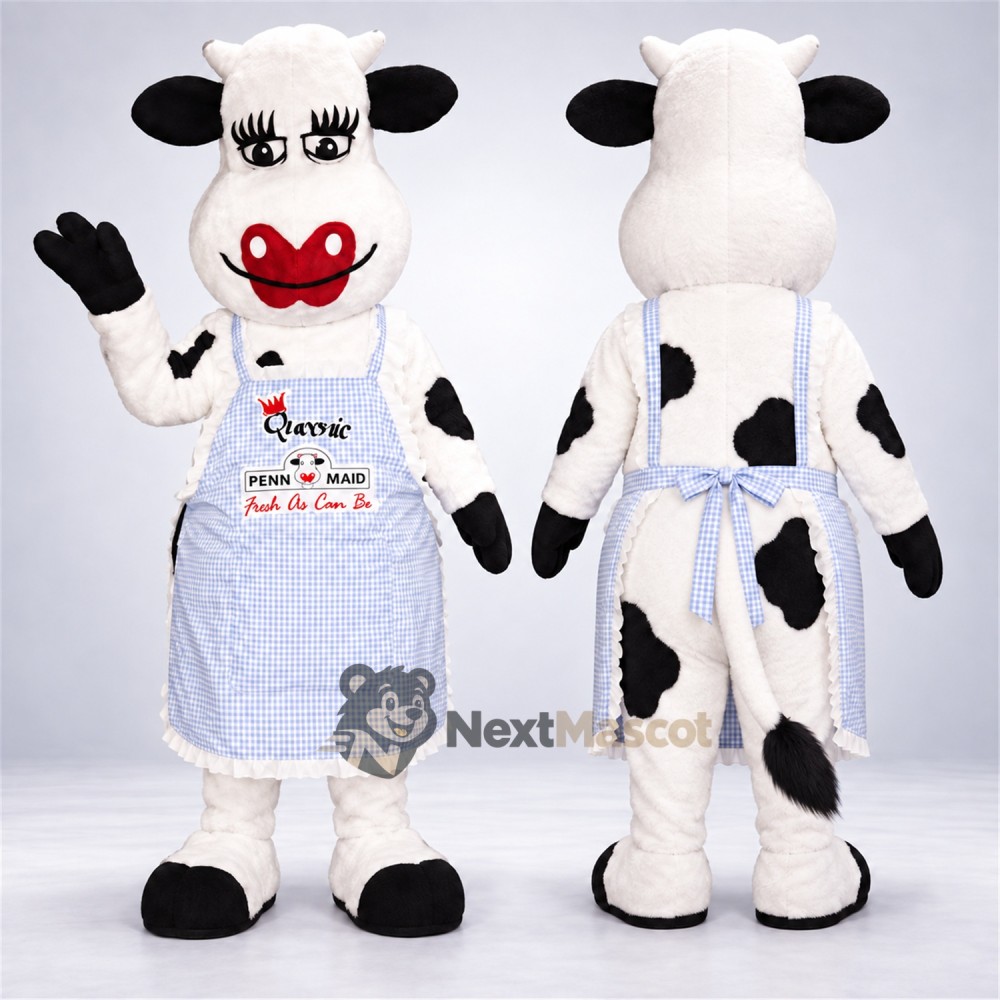 Cow Mascot Costume - Blue Apron, Pink Bow Cow Mascot Costume - Blue Apron, Pink Bow
