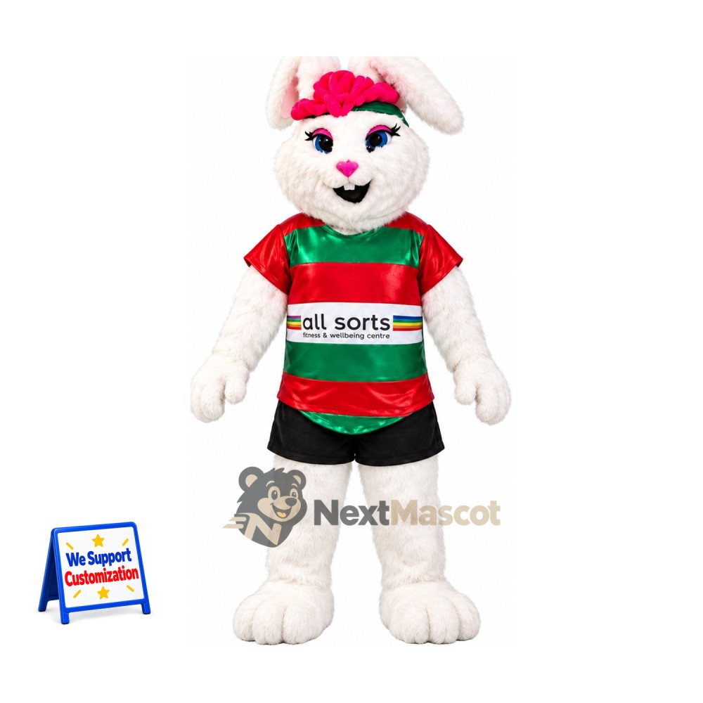 Rabbit Mascot Costume - White, Green and Red Shirt and Pink Cap Rabbit Mascot Costume - White, Green and Red Shirt and Pink Cap